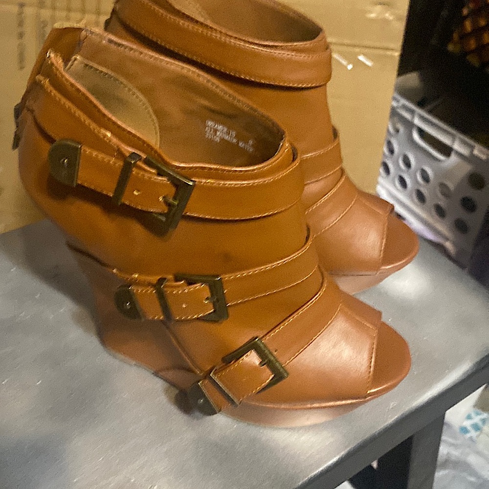 Bamboo platform open toe booties.